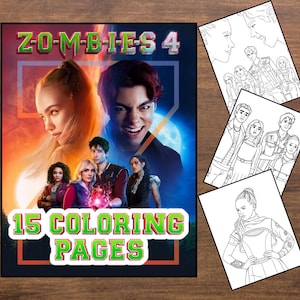 Puede incluir: Portada de un libro para colorear "Zombies 4" con el título en verde y rosa. La portada presenta imágenes del elenco y el texto "15 páginas para colorear". Tres páginas para colorear están a la derecha.