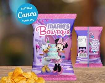 Modello modificabile per sacchetto di patatine Minnie Bowtique / Bomboniera per la festa di Minnie / Download immediato / Modello Canva