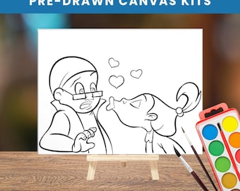 Cartoon Love Scene Pre-Drawn Canvas | Couples Date Night Paint Kit