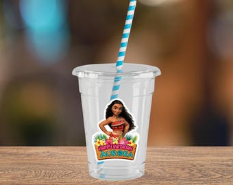 Custom Moana Party Cups with Lids & Straws | Personalized Kids Birthday Party Decor