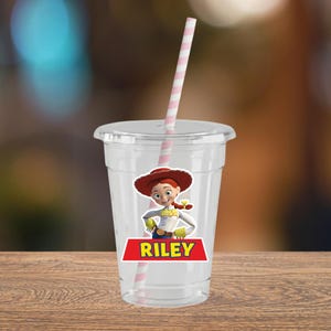 Custom Jessie Party Cups with Lids & Straws | Personalized Plastic Party Cups | Kids Birthday Party Decor | Toy Story Party Decor