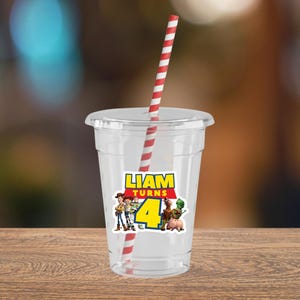Custom Toy Story Party Cups with Lids & Straws | Personalized Plastic Party Cups | Kids Birthday Party Decor