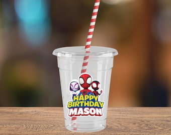 Custom Spidey and Friends Party Cups with Lids & Straws | Personalized Spiderman Birthday Party Decor