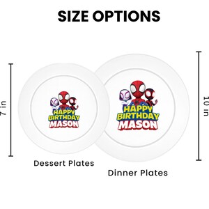 May include: White dessert plates (7 in) and dinner plates (10 in) with a Spider-Man theme. Each plate features a colorful graphic with the text "HAPPY BIRTHDAY MASON". The plates are ideal for a birthday party.