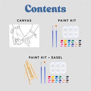 May include: An image showing the contents of a paint kit. The kit includes a canvas with a line drawing of two hands holding each other, paint brushes, paint palettes, and small paint pots in various colors. An easel is also included.