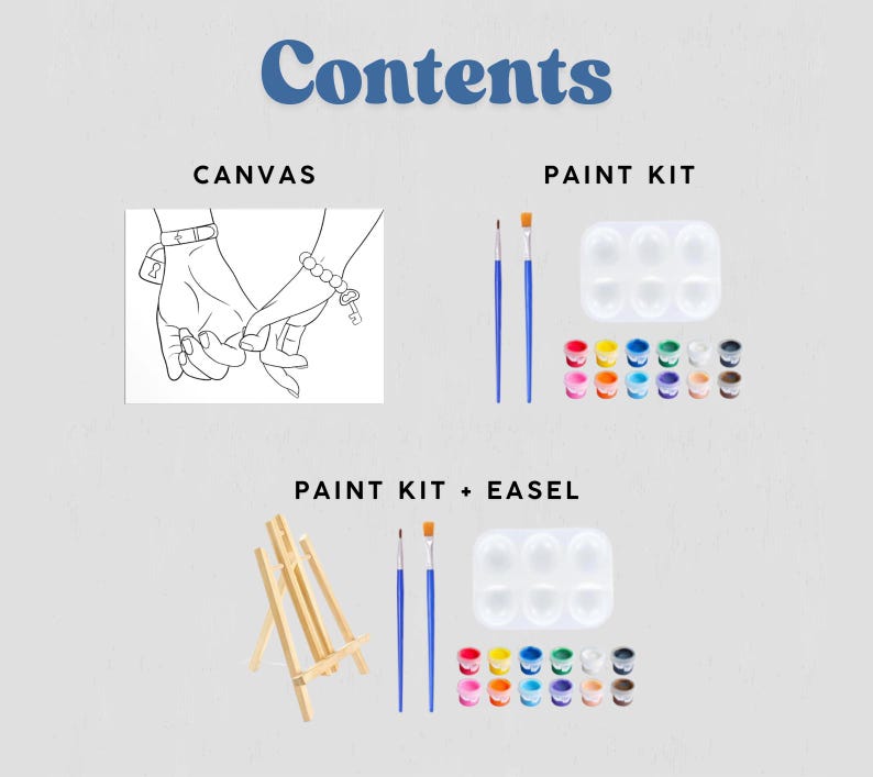 May include: An image showing the contents of a paint kit. The kit includes a canvas with a line drawing of two hands holding each other, paint brushes, paint palettes, and small paint pots in various colors. An easel is also included.