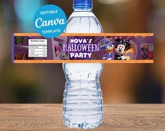 Edytowalne etykiety na butelki z wodą na Halloween z Myszką Minnie | Upominek na imprezę z kokardką Minnie | Natychmiastowe pobranie | Szablon Canva do druku