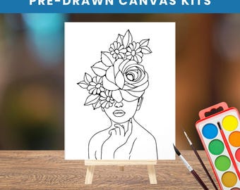 Flower Pre-Drawn Canvas Paint Kit | DIY Art with Easel