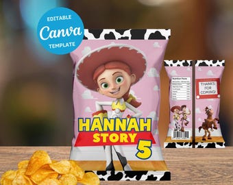 Plantilla editable de bolsa de papas fritas de Jessie / Recuerdo de fiesta de Toy Story / Descarga instantánea / Plantilla de Canva