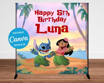 Lilo and Stitch Birthday Backdrop Template | Editable Canva Template | Instant Download Party Decoration