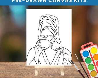 Self-Care Era Pre-Drawn Canvas | Paint Party Kit with Easel | DIY Art Kit for Adults