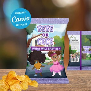 Bebe or Cece Gender Reveal Chip Bag Template | Proud Family Party Favor | Instant Download | Canva Template