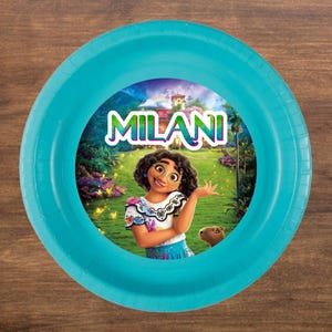 May include: A round, turquoise paper plate featuring a colorful graphic of a cartoon character with the name "Milani" in a vibrant, multi-colored font. The character is set against a background of a lush landscape.