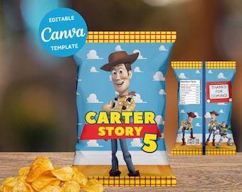 Editable Woody Chip Bag Template | Toy Story Party Favor | Instant Download | Canva Template