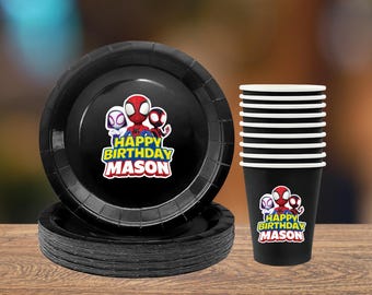 Custom Spidey Birthday Plates & Cups | Personalized Spider-Verse Party Set | Superhero Birthday Tableware