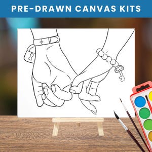 May include: Black and white line art of two hands holding each other, one with a lock and the other with a key. The canvas is on a small wooden easel. The text "PRE-DRAWN CANVAS KITS" is at the top.