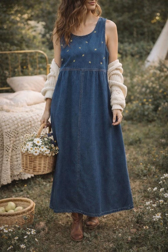 Vintage Erika & Co Embroidered Denim Maxi Dress | 90s Sleeveless Cotton  Jean Dress - Etsy