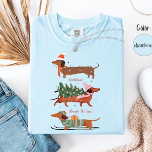 Dashing Through The Snow, Christmas Comfort Colors® Shirt, Gift for Dachshund Lovers, Weenie Mom, Wiener Dog Holiday Shirt