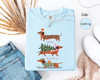 Dashing Through The Snow, Christmas Comfort Colors® Shirt, Gift for Dachshund Lovers, Weenie Mom, Wiener Dog Holiday Shirt
