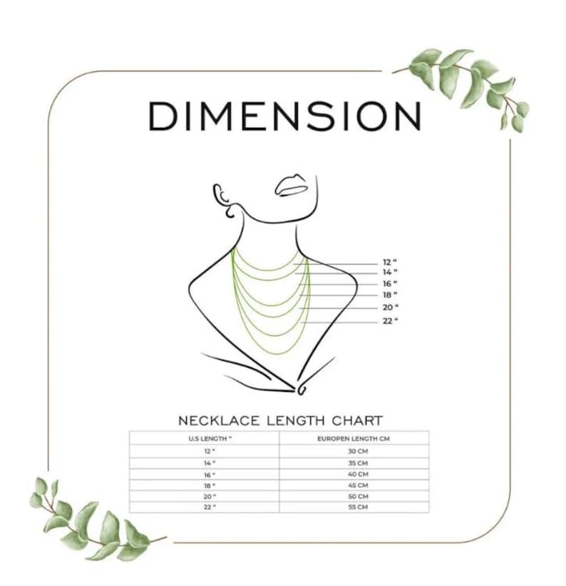 May include: A white graphic showing a necklace length chart. The chart includes a diagram of a neck with necklaces of varying lengths, and a table showing U.S. lengths in inches and European lengths in centimeters.