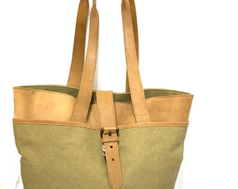 LL Bean Tan Canvas And Leather Trim Buckle Bag Purse Tote