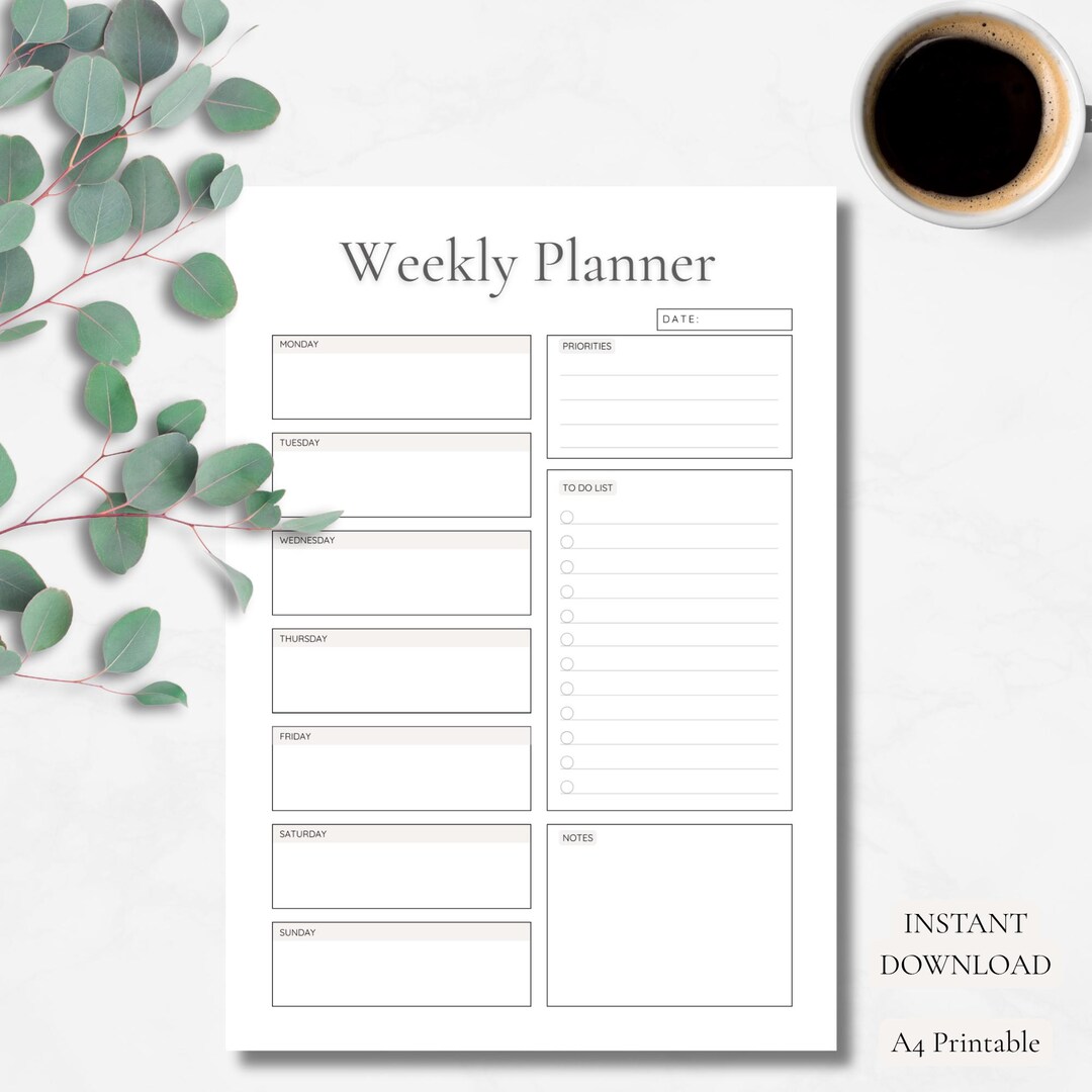 Weekly Planner Printable | Minimalist A4 PDF Download | Simple Digital ...