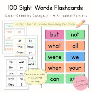 May include: A set of 100 sight word flashcards, color-coded by category, for 1st-grade reading practice. The cards feature words like "but," "not," "what," and "all." Includes a pencil illustration and text that says "Instant Download."