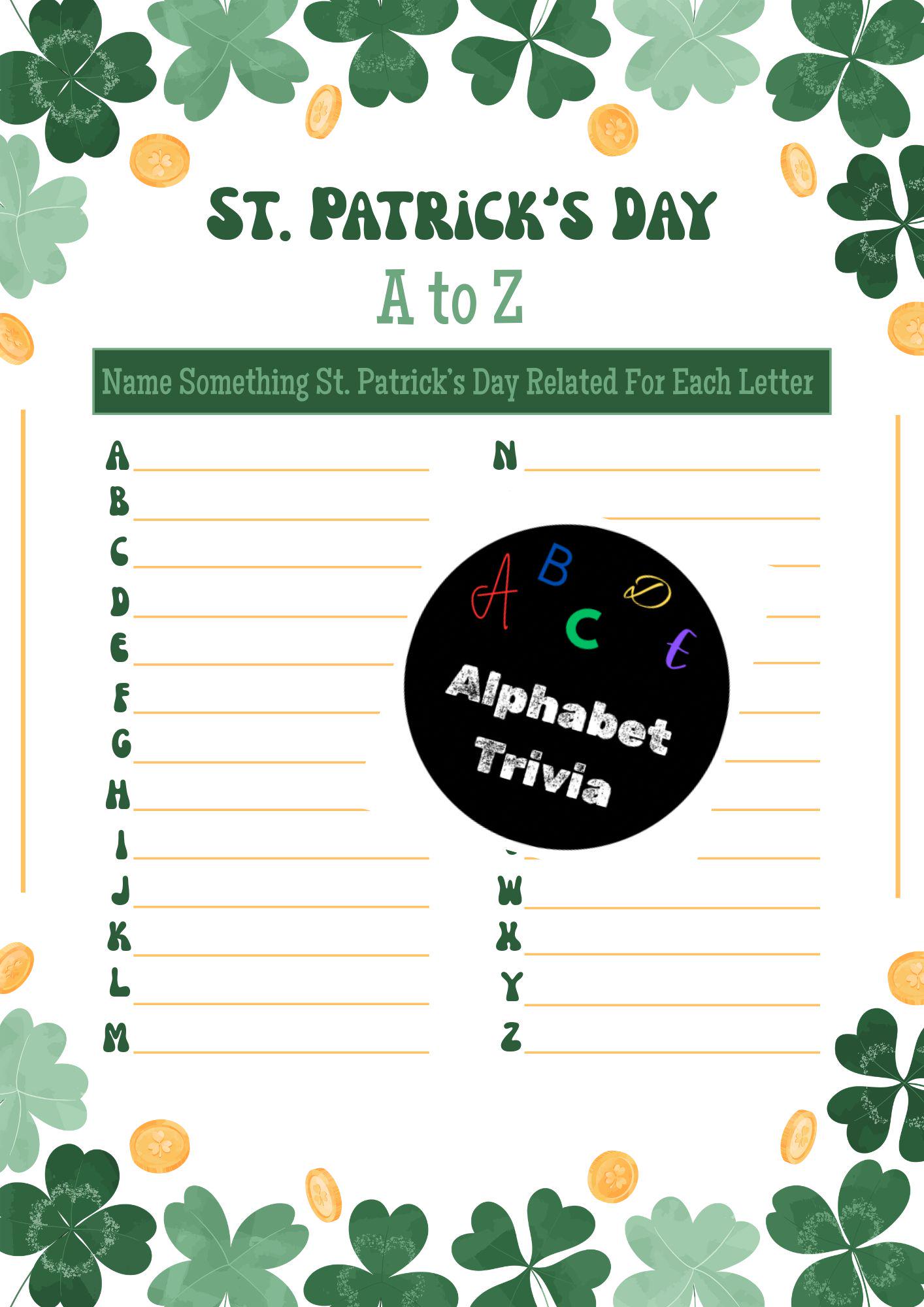 St. Patrick's Day A to Z Think Fast Game, Printable Game, Alphabet Game, St. Patrick's Day Game, A-Z, Alphabet Trivia, Family, Kids, Holiday