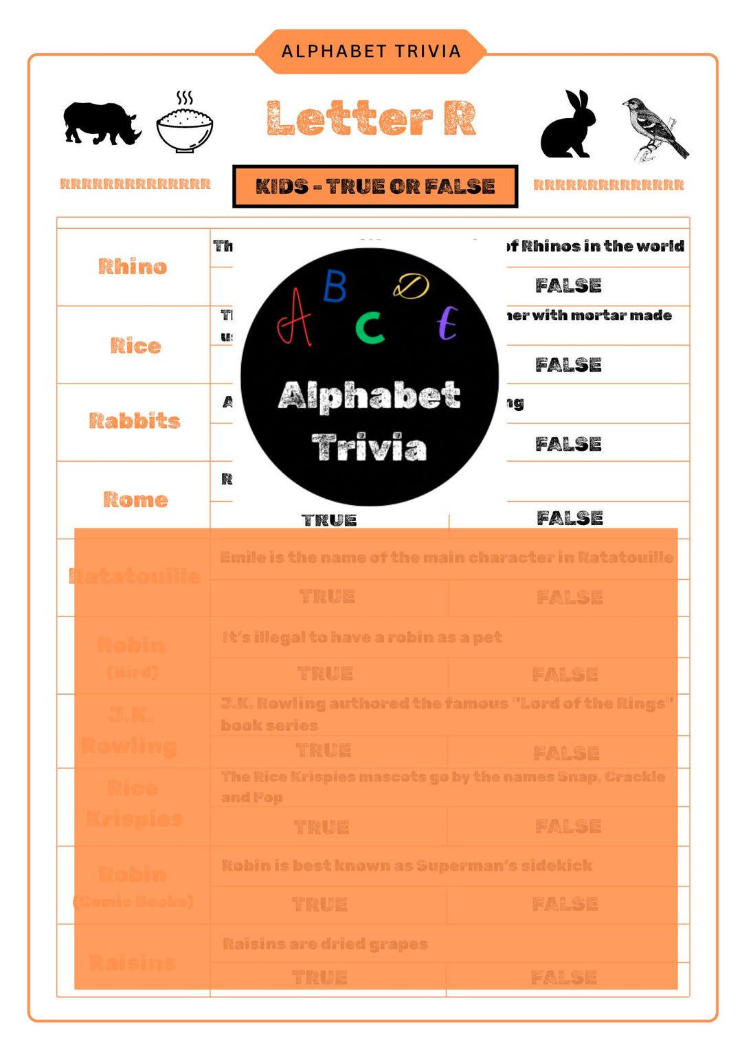 Letter R Quiz Kids True or False, Alphabet Trivia, Letter R, Starts With R, Birthday ...