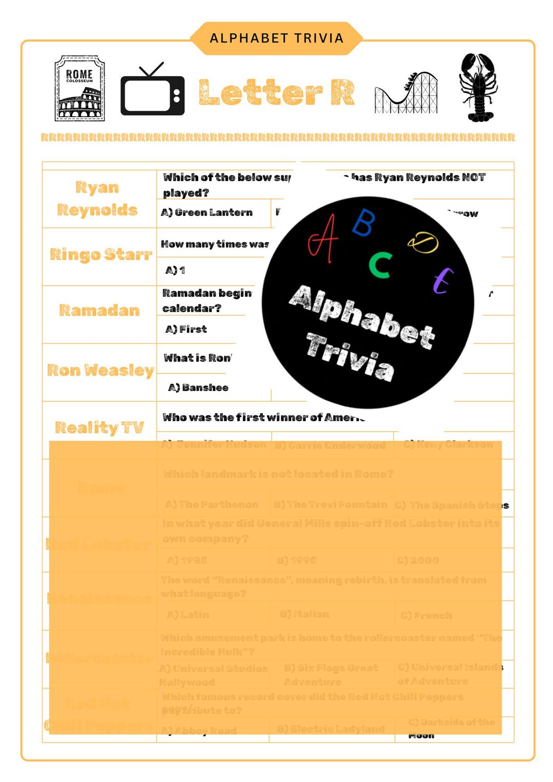 Letter R Quiz Adult Multiple Choice Alphabet Trivia - Quiz - Letter R - Alphabet ...
