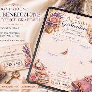 Può includere: Un modello di agenda giornaliera digitale intitolato Agenda Giornaliera Le Benedizioni di Nonna Nina, decorato con illustrazioni di lavanda e rose, una candela, una tazza da tè e un orologio, con sezioni per obiettivi e note.