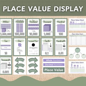 May include: A Place Value Display educational set featuring cards with purple base-ten blocks, numerical values from 1,000,000 to 0.001, decimal point markers, multiply and divide by 10 arrows, and three distinct place value charts on a textured background.