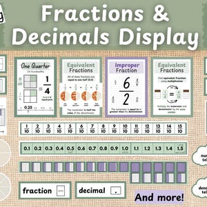 May include: A Fractions & Decimals Display educational set featuring a Working Wall header, KS2 label, and various charts. Includes visual aids for fractions, decimals, equivalent fractions, improper fractions, pizza diagrams, and number lines.