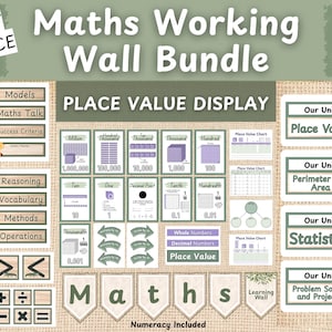Puede incluir: Un conjunto de recursos educativos de matemáticas que incluye una pantalla de valor posicional con varias tarjetas, etiquetas y pancartas. El conjunto contiene textos como Maths Working Wall Bundle, Primary Resource, KS1 & KS2 y Place Value Display.