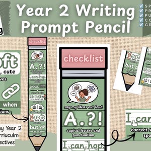 May include: A Year 2 Writing Prompt Pencil educational resource set featuring sage green and pink colour schemes. The design includes a checklist, writing prompts, and grammar guides with text such as 'soft little, cute', 'but', and 'I can hop'.