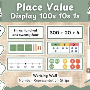 Peut inclure: Un ensemble d'affichage de valeur de position pour l'année 3 avec des affiches éducatives portant le texte Place Value Display 100s 10s 1s et 3-Digit Numbers. Il comprend des cartes montrant des représentations numériques, des mots, des formes développées, des blocs de base dix, des tableaux de valeur, des droites numériques et des jetons.