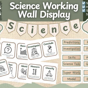 Può includere: Un set per bacheca scientifica con schede stampabili che riportano il testo Science Working Wall Display, KS1 KS2 Science, Skills, Headings, Sentence Stems e varie etichette di processi scientifici come Analyse, Ask, Investigate e Conclude.