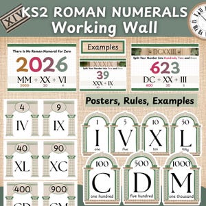Könnte beinhalten: Ein Lernset für römische Zahlen zur Wandgestaltung mit Postern, Regeln und Beispielen. Das Set enthält Karten mit Zahlen von 1 bis 1000, Umrechnungen in römische Ziffern und den Text KS2 ROMAN NUMERALS Working Wall für den Unterricht.