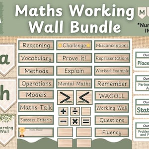 Può includere: Un set educativo Maths Working Wall Bundle con sfondo effetto iuta e bordi verde salvia. Include gagliardetti che compongono la parola Maths e varie etichette rettangolari con termini come Reasoning, Vocabulary e simboli matematici.