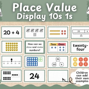 May include: A KS1 place value display set for 2-digit numbers featuring educational cards with maths concepts like tally marks, base ten blocks, number lines, and part-whole models. The cards are arranged on a textured background with cloud-shaped prompts.