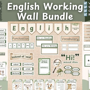 May include: An English Working Wall Bundle for Lower KS2 Year 3/4 featuring educational posters with text including Punctuation, Vocabulary, We are Reading, We are Writing, and Instead of said. The set uses a sage green and beige colour palette.