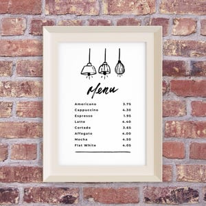 Cardápio de Café | Arte de Parede Divertida para Café | Arte para Bar de Café | Impressão Digital para Download | Arte de Parede para Cozinha para Imprimir | Bar de Café em Casa | Preto e Branco