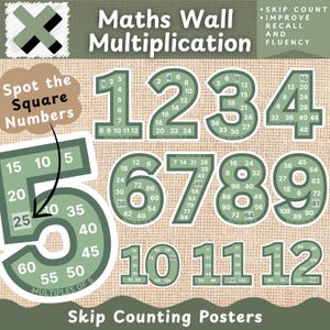 Puede incluir: Un conjunto de carteles educativos de pared con números grandes en verde del 1 al 12, cada uno con múltiplos más pequeños. El texto dice Maths Wall Multiplication, Skip Count Improve Recall and Fluency, Spot the Square Numbers y Skip Counting Posters.