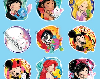 Disney Fanart Stickers | Love Stickers | Hug Stickers | Lilo and Stitch | Moana | Rapunzel | Baymax | Coco | Mickey | Minnie | Ariel | Vee