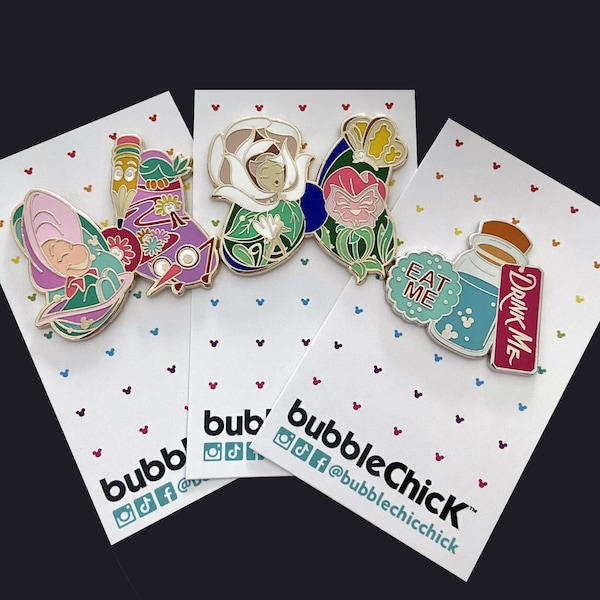Harde emaille pin Alice in Wonderland: drink me, eet me, bloemen