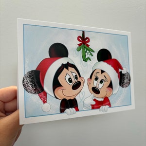 Merry Christmas Greeting Card Mistletoe Print Mickey and Minnie Card Holiday Card