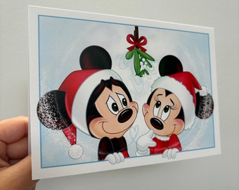 Merry Christmas Greeting Card Mistletoe Print Mickey and Minnie Card Holiday Card