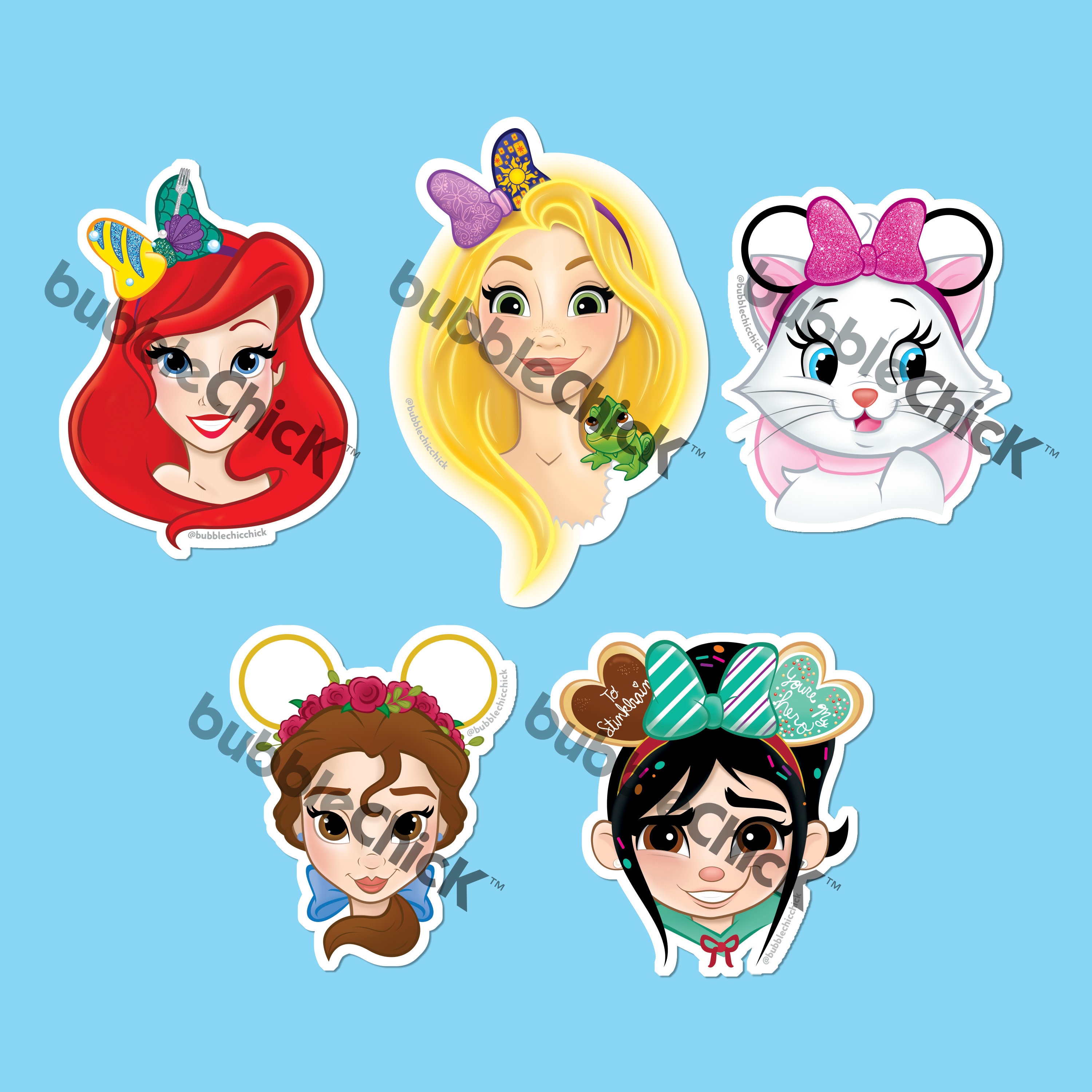 Disney Characters Wearing Mickey Ears Disney Princesses Ariel Sticker Rapunzel Sticker Marie Sticker Bell Sticker Sally Sticker Vanellope