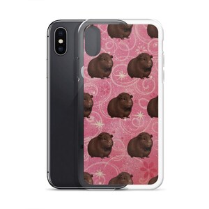 May include: A clear phone case with a pink background and a repeating pattern of brown guinea pigs. The guinea pigs are all facing forward and have a white spot on their chest.