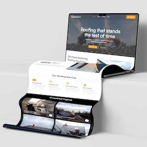 May include: A laptop showing the ROOFINITY website, a roofing company. The site highlights "Roofing that stands the test of time" and "20+ Years Delivering Roofing Excellence." The website also displays roofing services and completed projects.